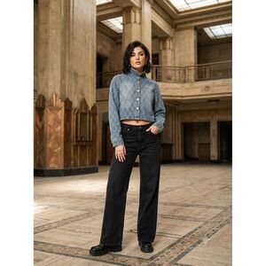 Dylan Ryan Rhinestone Diamond Pattern Cropped Denim Jacket Blue Snap Front Y2K M